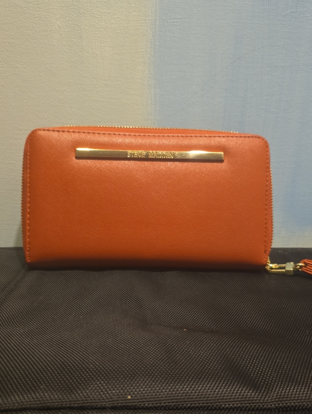 Steve Madden Orange Saffiano Zip Wallet with Gold Accent